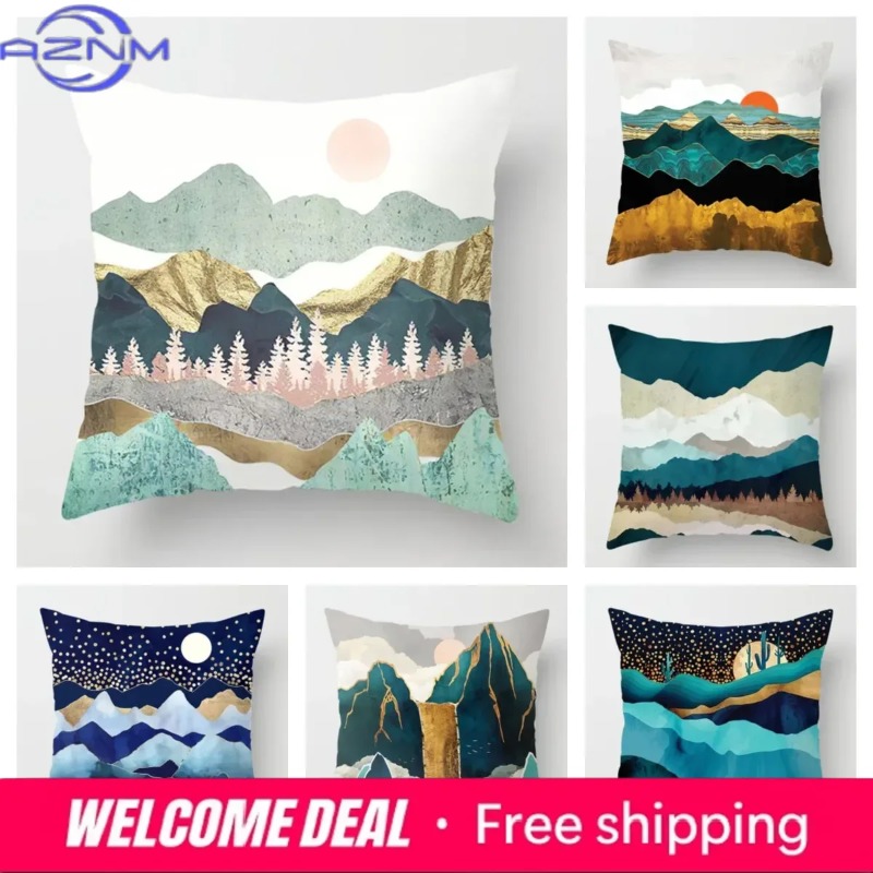 Sunrise Home Textiles & Apparel - 北欧山脈月日の出金属絵画枕カバーソファ装飾クッションカバー 40*40 ホームデコレーションクッションカバー 60*60