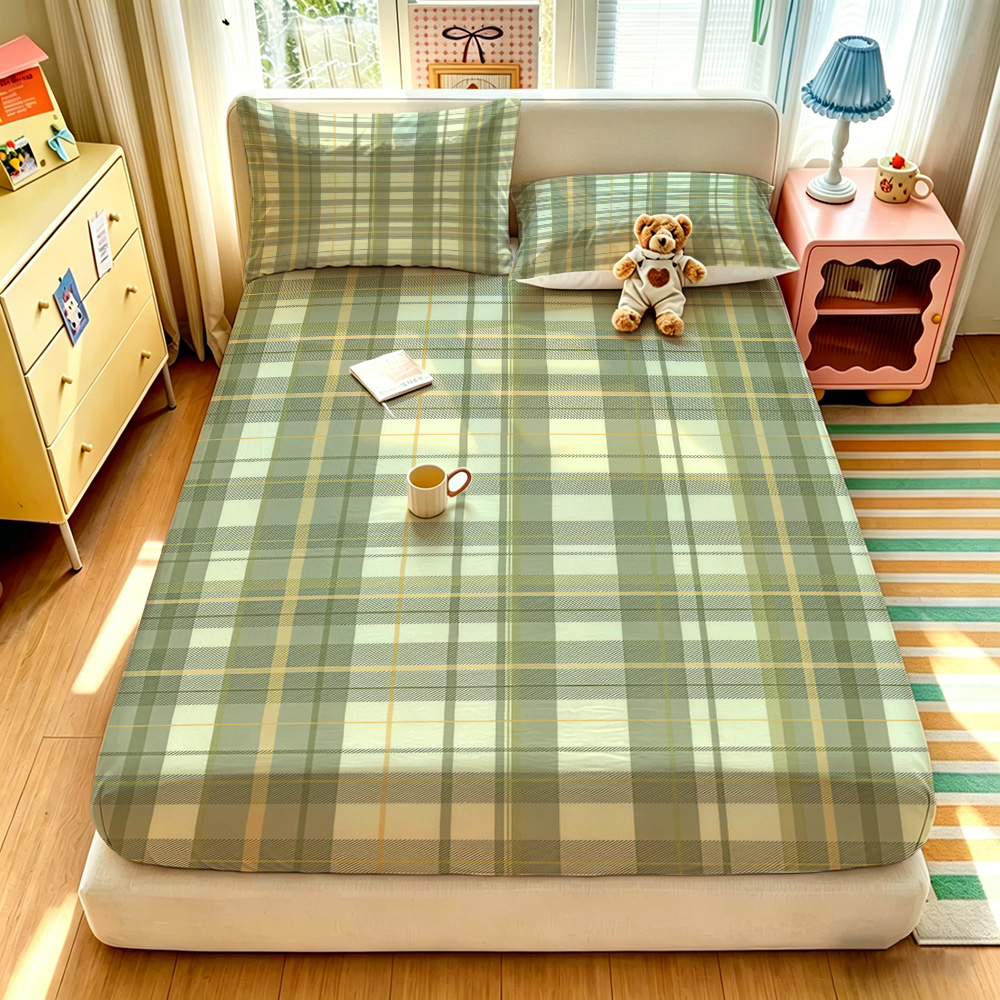 Bed Sheet Microfiber - 90G 3点寝具セット 1枚のフィットシーツ+2枚の枕カバー ライトグリーンの格子柄 ソフトマイクロファイバーベッドシーツセット 寝室用