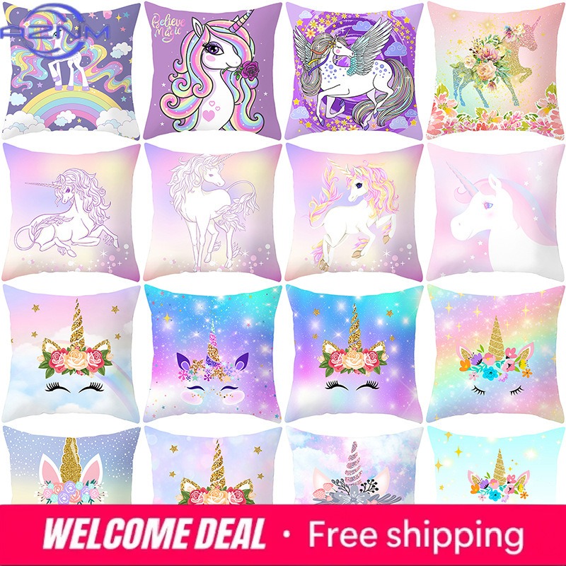 Sunrise Home Textiles & Apparel - タイムカートゥーンホームデコレーション枕パープルユニコーン枕カバーレインボーサンライズソファクッションカバー