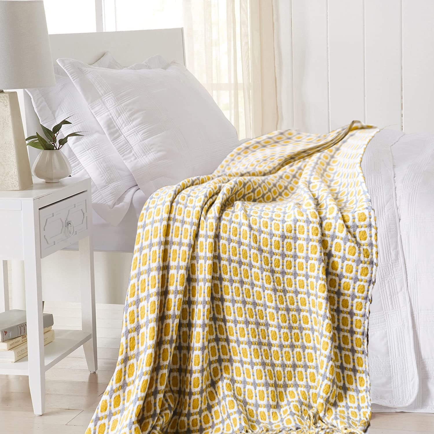 Throw Blanket Chunky Knit - ノルディックニットスローブランケット、ソファショールブランケット、タッセルスカーフ付きソフトブランケット、居心地の良いお昼寝ブランケット、チャンキーベッドカバー、マスタードイエロー