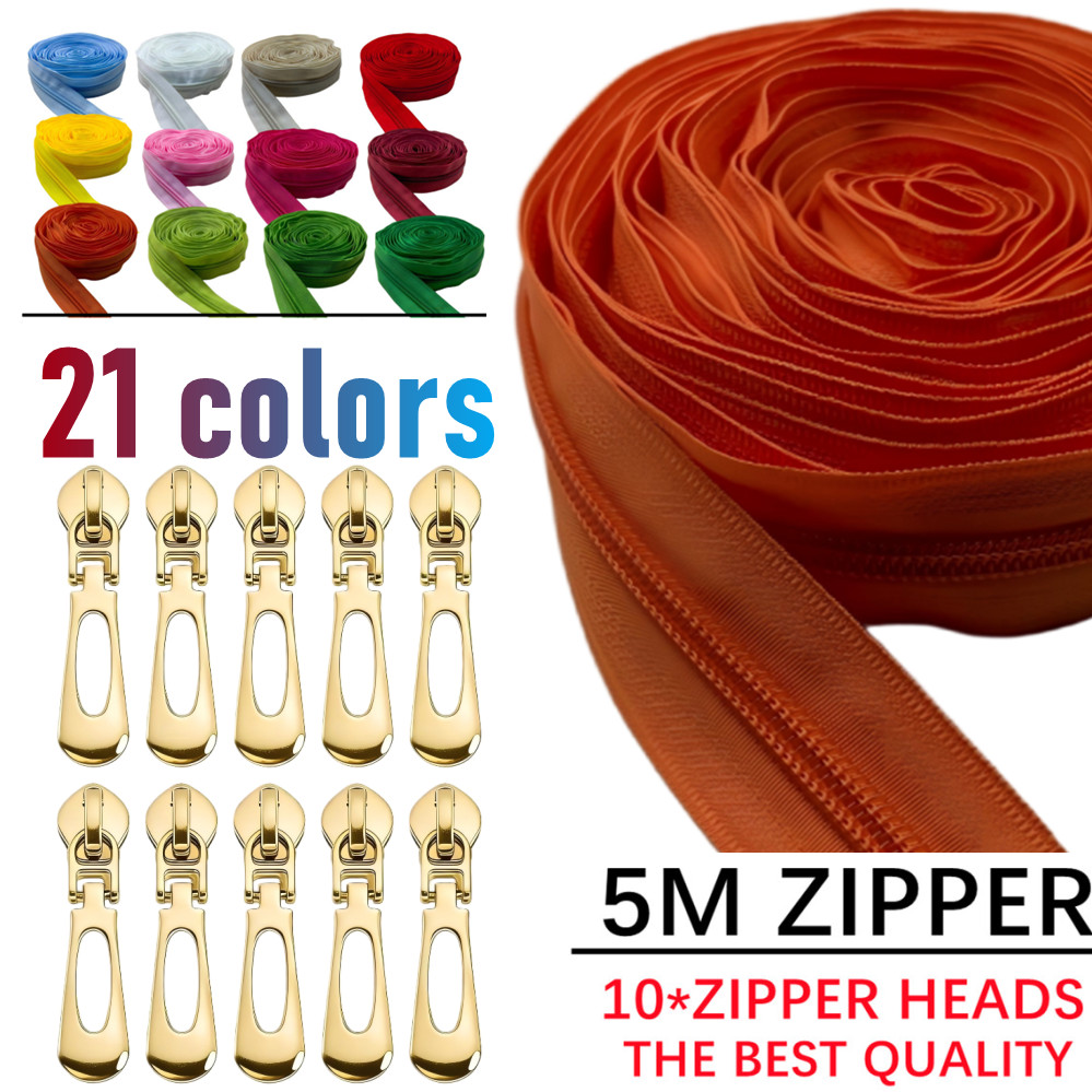 Home Textiles Group - 1グループ = 5mジッパー + 10個の金色のジッパーヘッド、21色から選択可能、家庭用縫製DIY交換用ジッパー、縫製アクセサリー