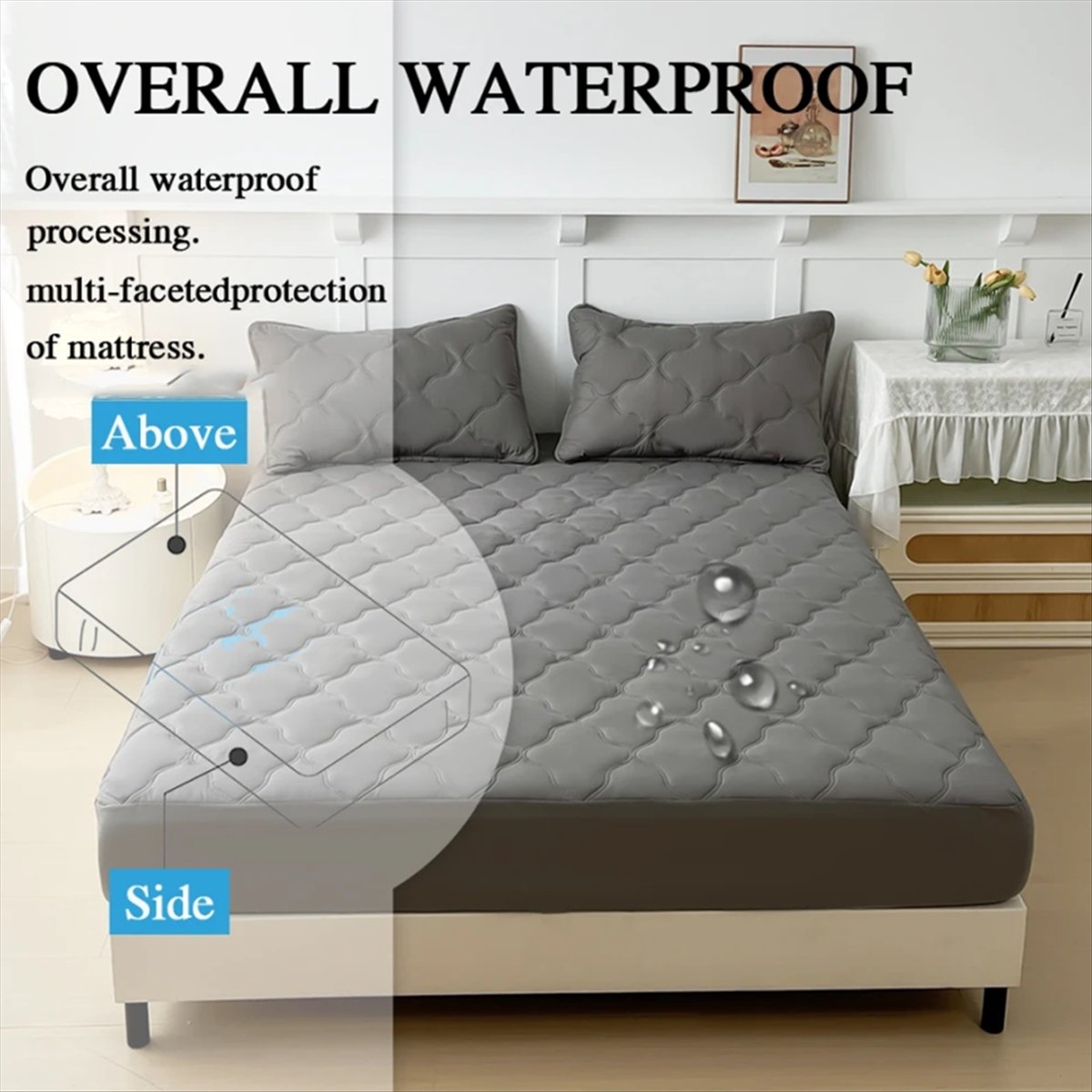 Bed Sheet Microfiber - 防水加工済みフィットシーツ、マットレスパッド、柔らかいマイクロファイバー通気性ベッドスプレッドカバープロテクター（180x200cmクイーンサイズ）