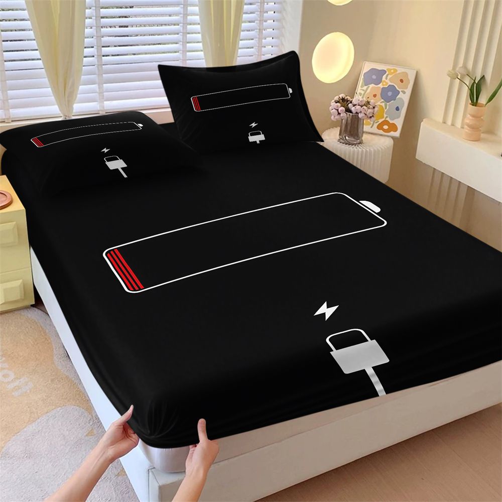 Bed Sheet Microfiber - ミニマリスト低バッテリー警告プリント寝具セットゲーミングルーム装飾ソフトマイクロファイバーフィットシーツセットベッドシーツセット寝室用