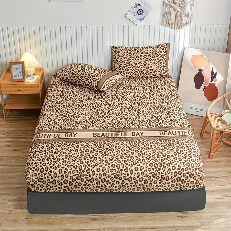 Bed Sheet Microfiber - ヴィンテージヒョウ柄フィットシーツセット BEAUTIFUL DAY レターボーダー マイクロファイバーベッドマットレスカバー 枕カバー付き