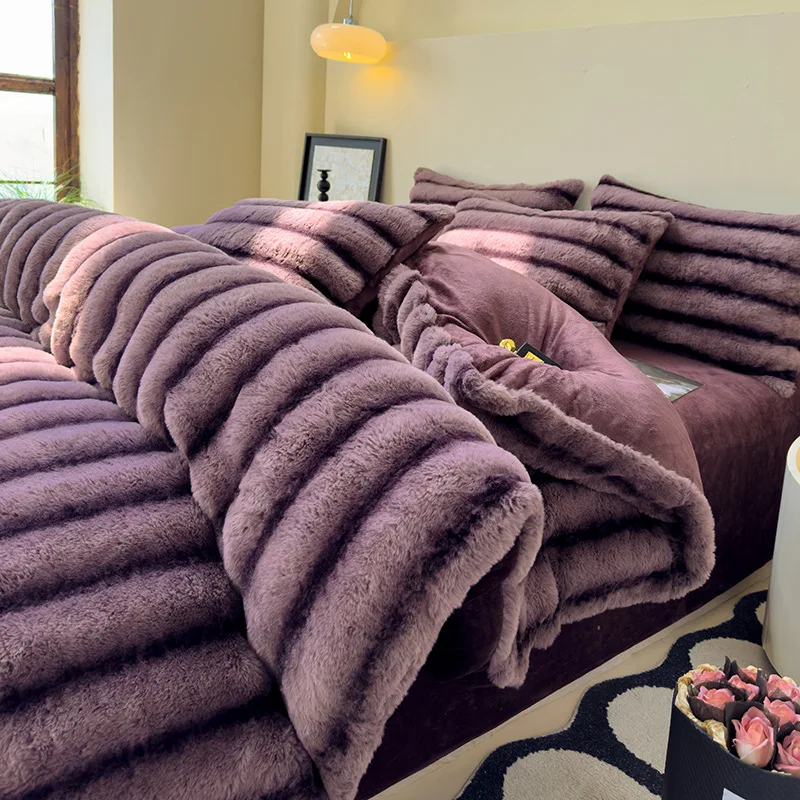 Bed Sheet Microfiber - ラビットベルベットミルクベルベット厚手ラビットファー暖かい4点セット、1.5m 1.8mベッドシーツ4点セット