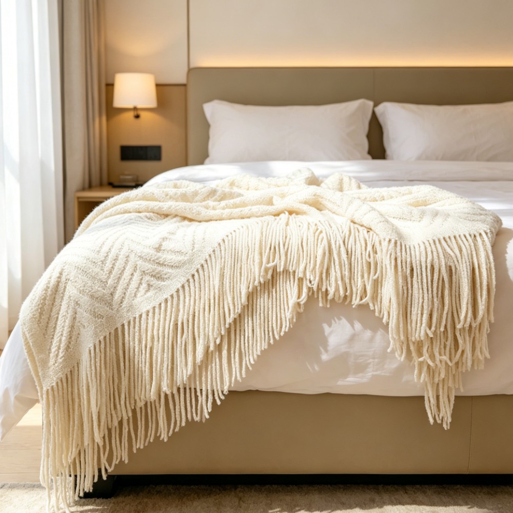 Throw Blanket Chunky Knit - 豪華なチャンキーカラーのクリーム色のスローブランケット、柔らかく心地良いケーブル編み、タッセル付き、オールシーズン対応、北欧風ホームデコレーションブランケット、ギフトに最適