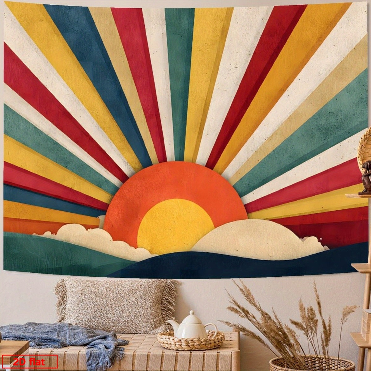Sunrise Home Textiles & Apparel - ボヘミアンサンバーストレトロタペストリー壁掛けミッドセンチュリーモダンMCMサンライズサンセット幾何学模様アートテキスタイル、ボヘミアンシックな家の装飾に
