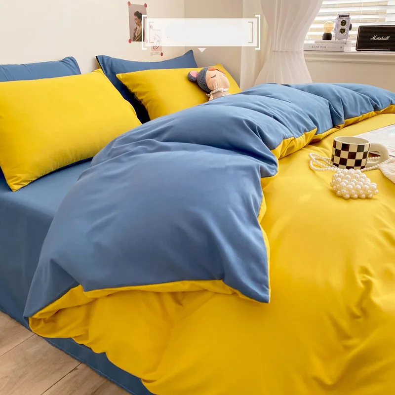 Bed Sheet Microfiber - 高級洗浄綿固体寝具セット 3-4 個イエローホームキングサイズ布団カバーセットフラットシーツ付きシンプルなクイーン寝具セット