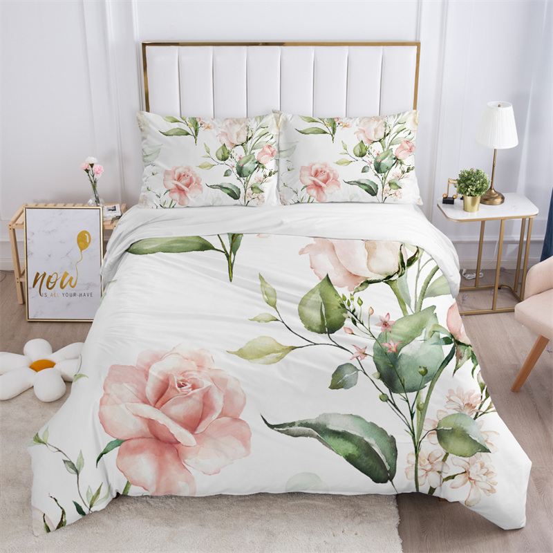 素朴な花柄の白い寝具セット マイクロファイバーの木の葉柄の花 - Bed Sheet Microfiber のレビューと価格