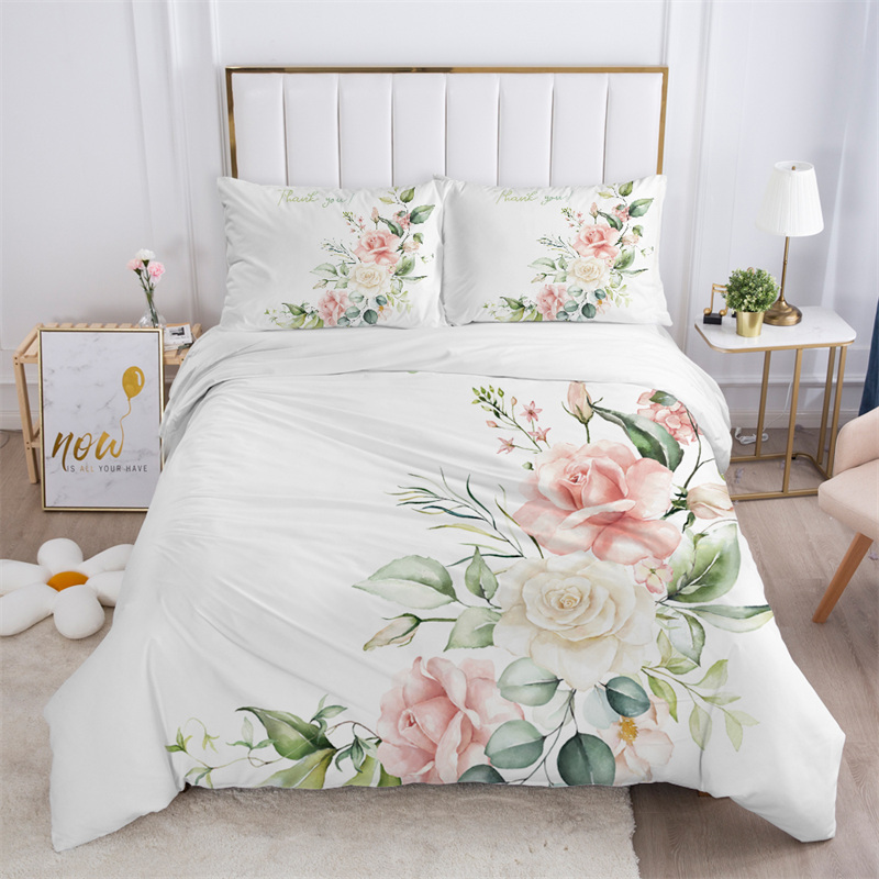 素朴な花柄の白い寝具セット マイクロファイバーの木の葉柄の花 - Bed Sheet Microfiber のレビューと価格