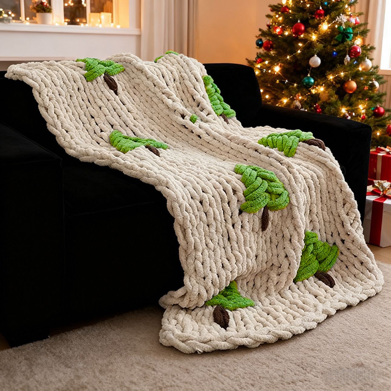 手編みのベッド用ブランケット、クリスマスツリー柄、極太糸ブラ - Throw Blanket Chunky Knit のレビューと価格