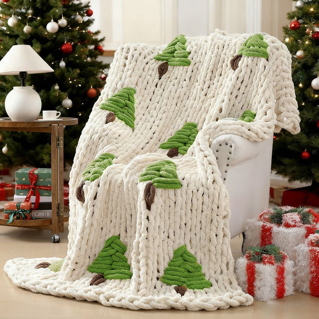 手編みのベッド用ブランケット、クリスマスツリー柄、極太糸ブラ - Throw Blanket Chunky Knit のレビューと価格