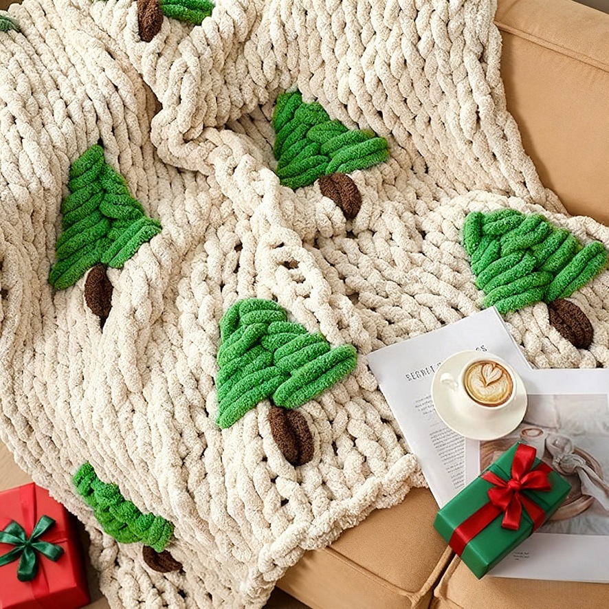 手編みのベッド用ブランケット、クリスマスツリー柄、極太糸ブラ - Throw Blanket Chunky Knit のレビューと価格
