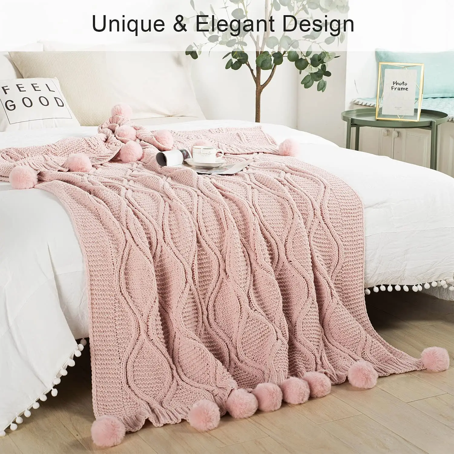 豪華なチャンキーニットブランケット、ポンポン付き - 厚手で - Throw Blanket Chunky Knit のレビューと価格
